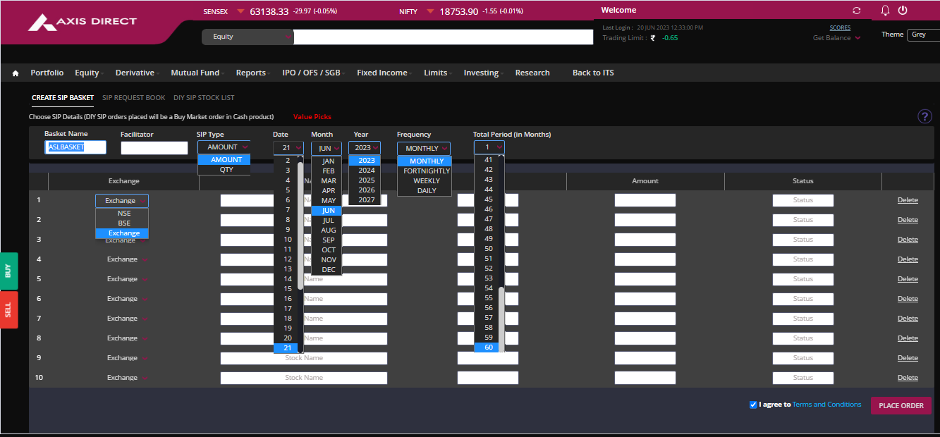 How can I place an Equity SIP order in AxisDirect?